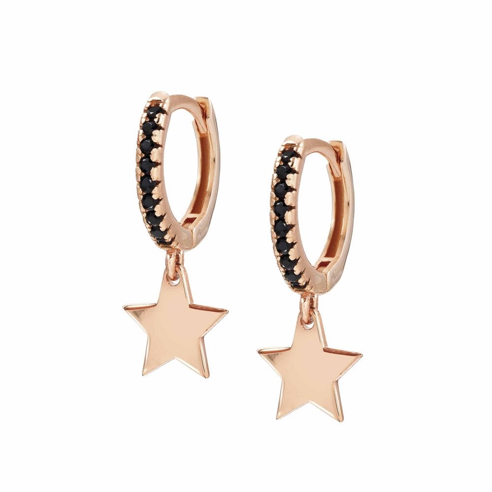 Chic & Charm Rose Gold Plated Black CZ Star Hoop Earrings
