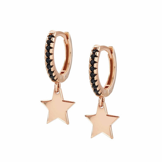 Chic & Charm Rose Gold Plated Black CZ Star Hoop Earrings