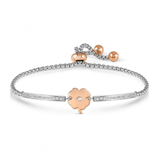 Milleluci Refined Bracelet in Steel and Cubic Zirconia Rose Gold Four Leaf Clover