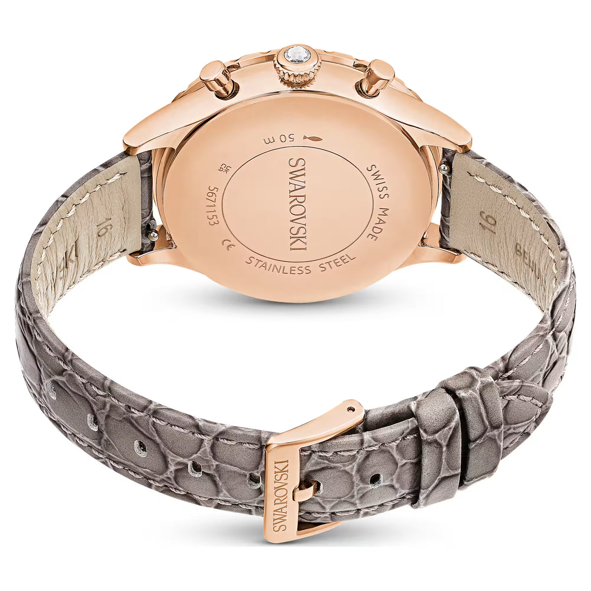 Octea chrono watch, Swiss Made, Leather strap, Grey, Rose gold-tone finish