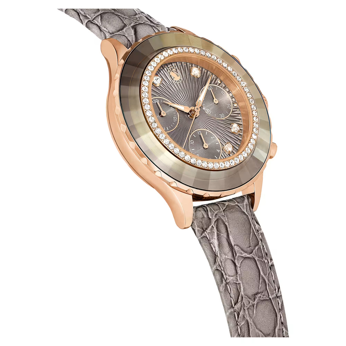 Octea chrono watch, Swiss Made, Leather strap, Grey, Rose gold-tone finish