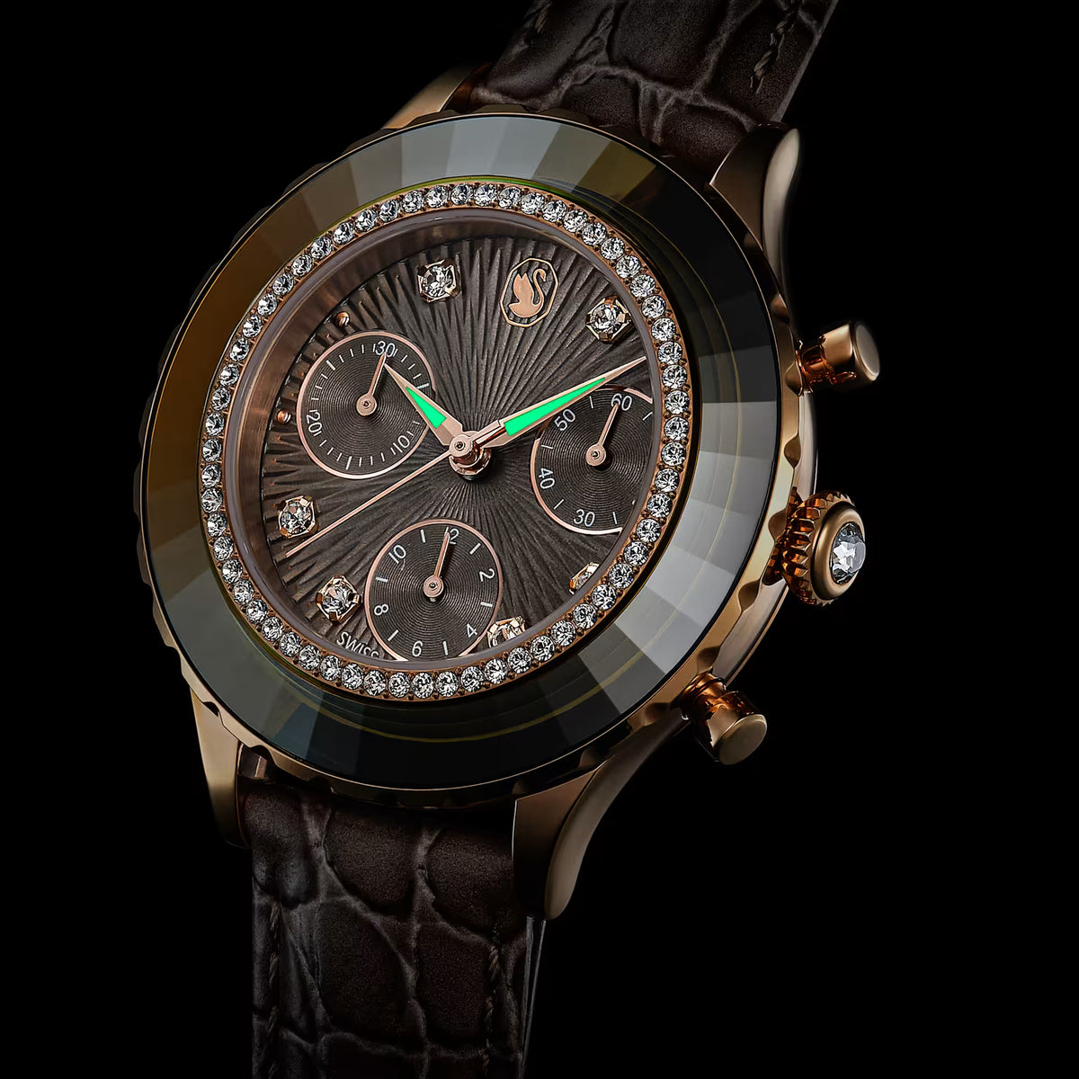 Octea chrono watch, Swiss Made, Leather strap, Grey, Rose gold-tone finish