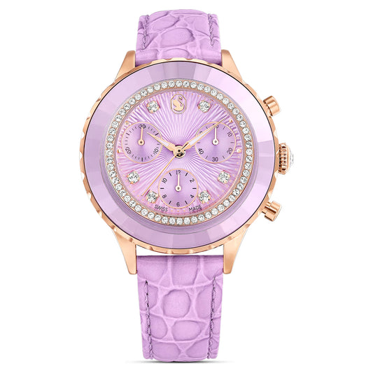 Octea chrono watch, Swiss Made, Leather strap, Purple, Rose gold-tone finish