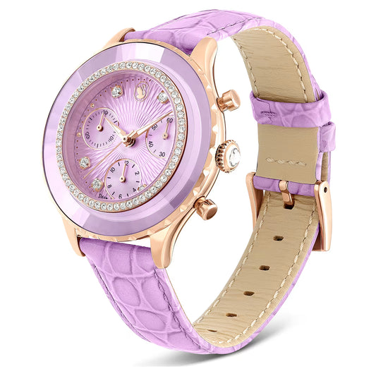 Octea chrono watch, Swiss Made, Leather strap, Purple, Rose gold-tone finish