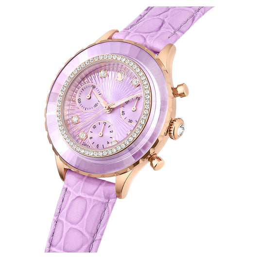 Octea chrono watch, Swiss Made, Leather strap, Purple, Rose gold-tone finish