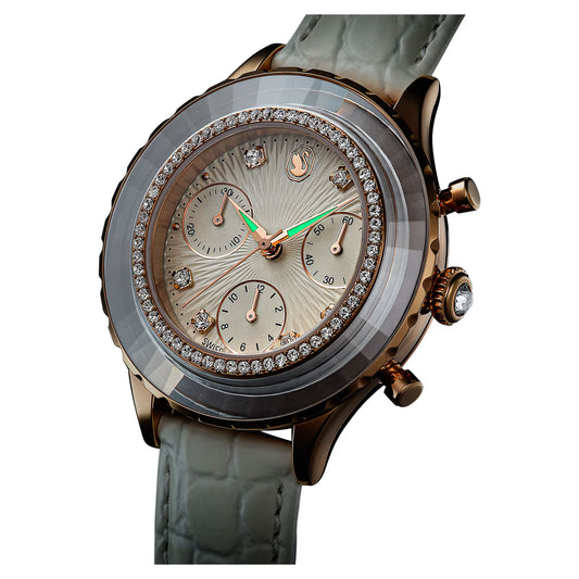 Octea Chrono watch, Swiss Made, Leather strap, White, Rose gold-tone finish