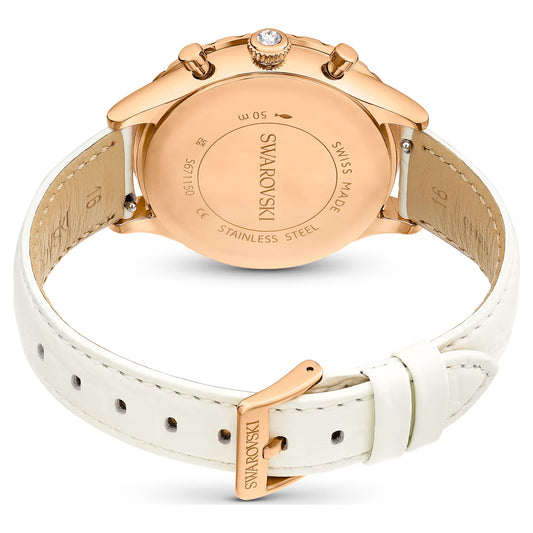 Octea Chrono watch, Swiss Made, Leather strap, White, Rose gold-tone finish
