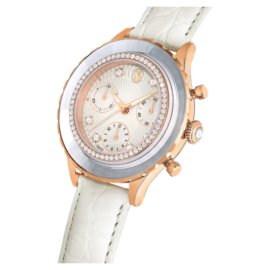 Octea Chrono watch, Swiss Made, Leather strap, White, Rose gold-tone finish
