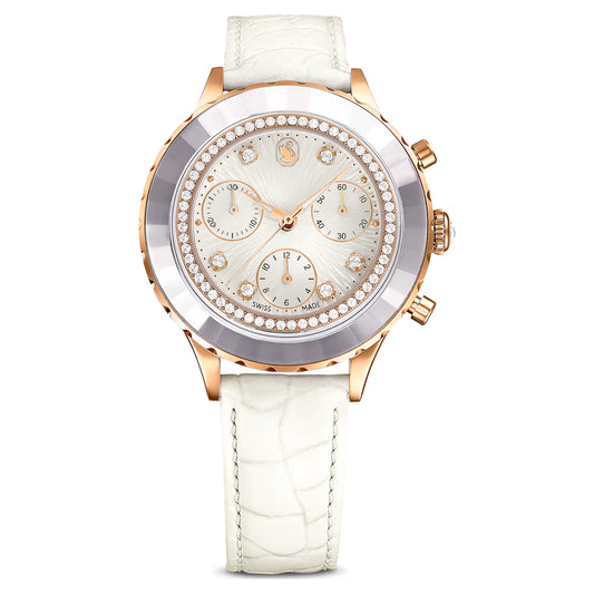 Octea Chrono watch, Swiss Made, Leather strap, White, Rose gold-tone finish