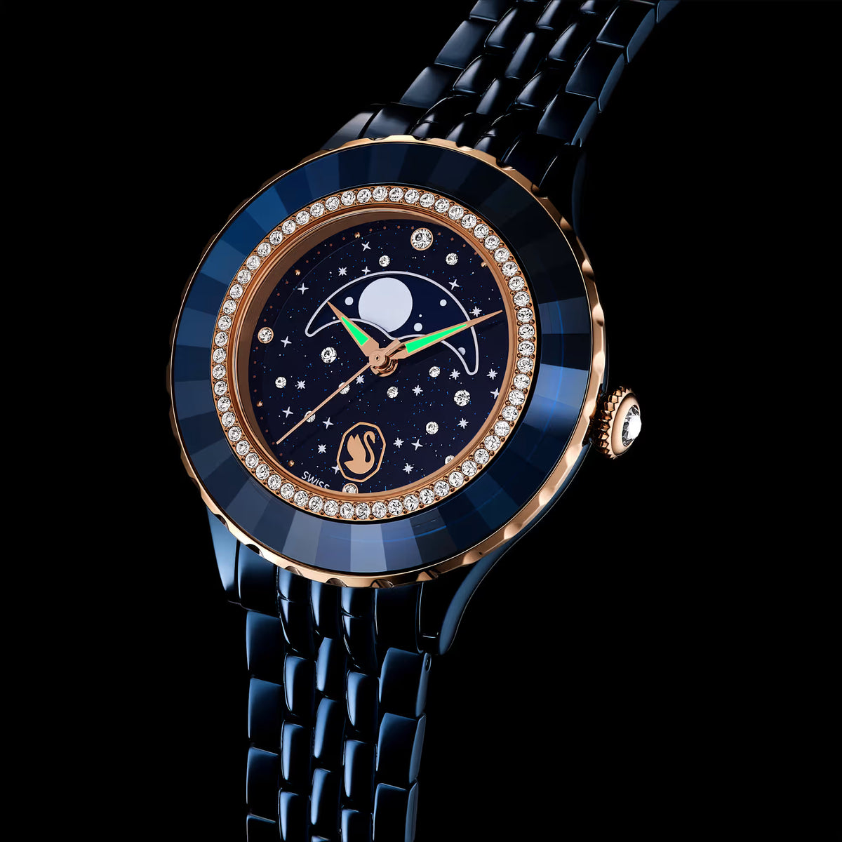 Octea moon watch, Swiss Made, Metal bracelet, Blue, Blue finish