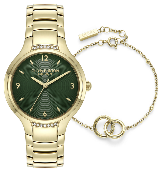 Ladies Green Dial Watch and Gold Toned Interlinked Bracelet Set