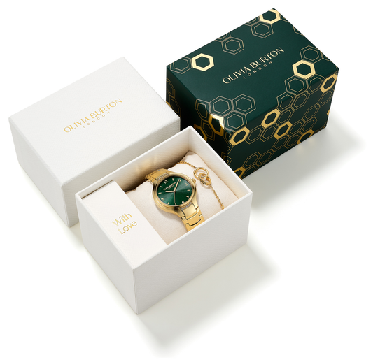 Ladies Green Dial Watch and Gold Toned Interlinked Bracelet Set