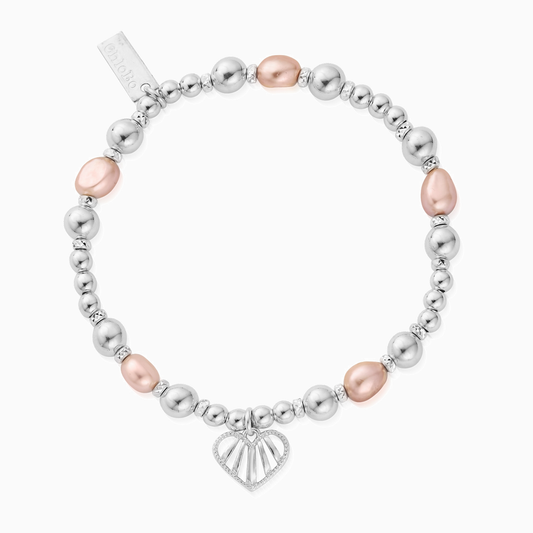 Sterling Silver 'Loving Heart' Pink Pearl 18cm Bracelet