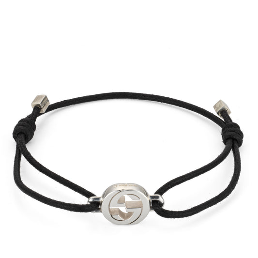 Gucci Interlocking Sterling Silver and Black Cotton Bracelet