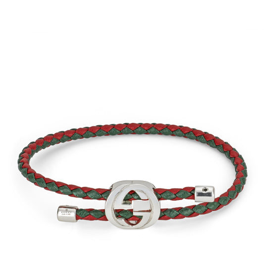 Gucci Web Bracelet in Red and Green Leather and Sterling Silver