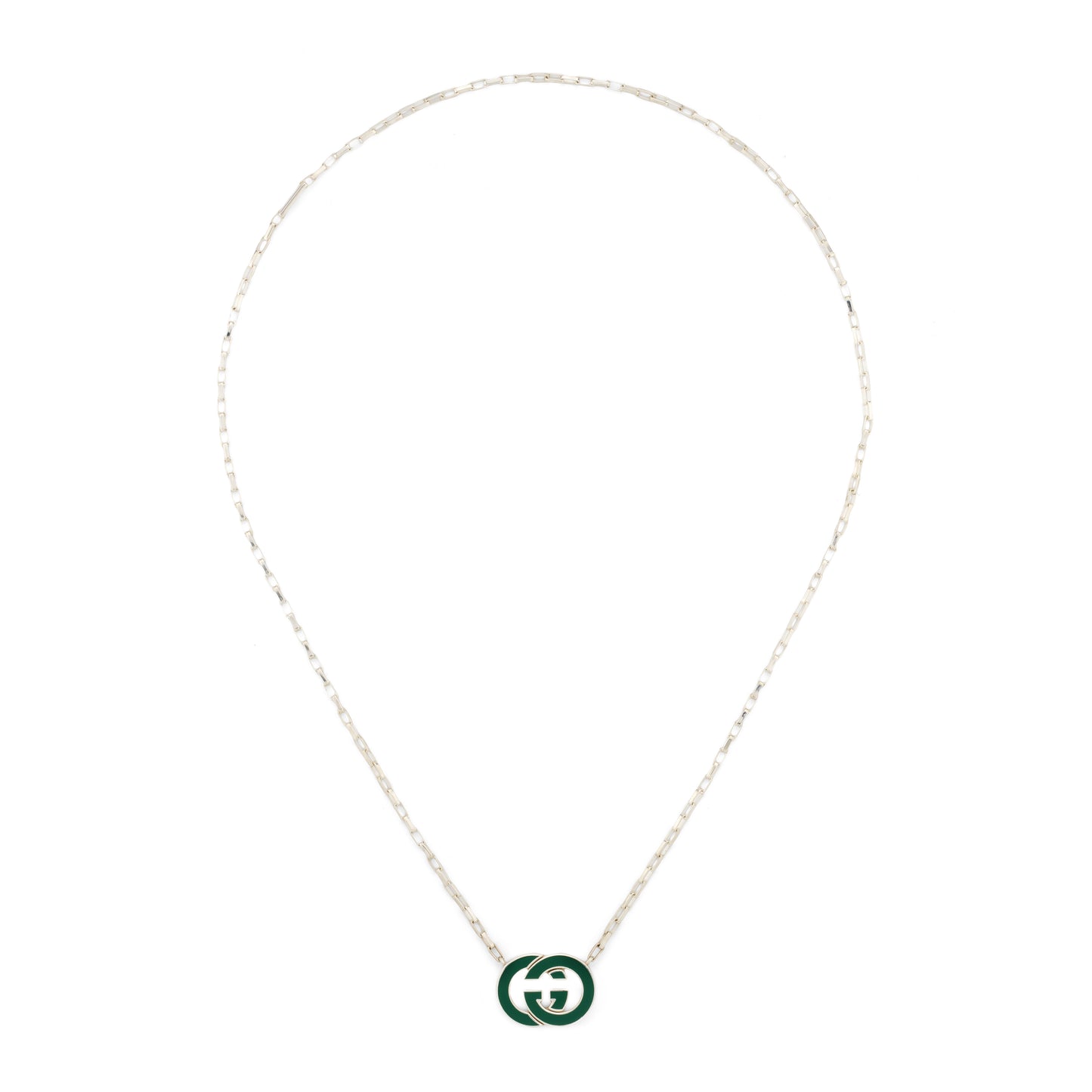 Gucci Interlocking Necklace in 925 Sterling Silver and Green Enamel 45cm