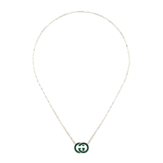 Gucci Interlocking Necklace in 925 Sterling Silver and Green Enamel 45cm