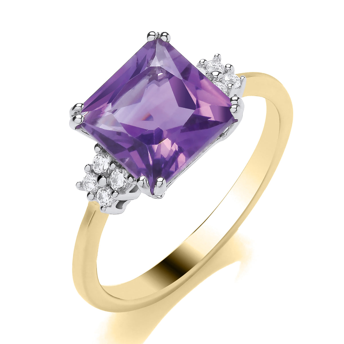 9ct YG 8x8 Princess Cut Amethyst & 0.10ct Diamond 3 stone Ring