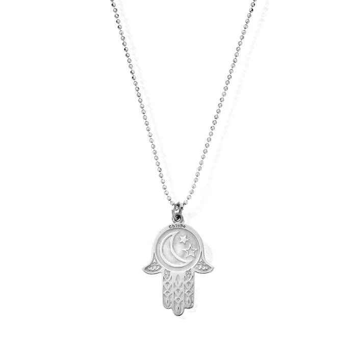 Sterling Silver Moon and Star Hamsa Pendant Necklace 65cm