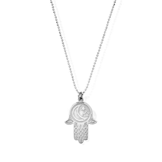 Sterling Silver Moon and Star Hamsa Pendant Necklace 65cm