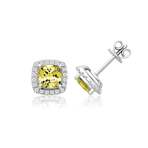 SILVER CLAW SET HALO STYLE CUSHION YELLOW CZ STUDS RHODIUM PLATED