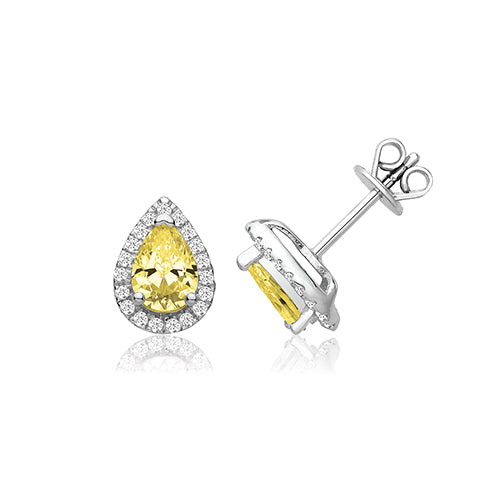 SILVER CLAW SET HALO STYLE PEAR SHAPE YELLOW CZ STUDS RHODIUM PLATED