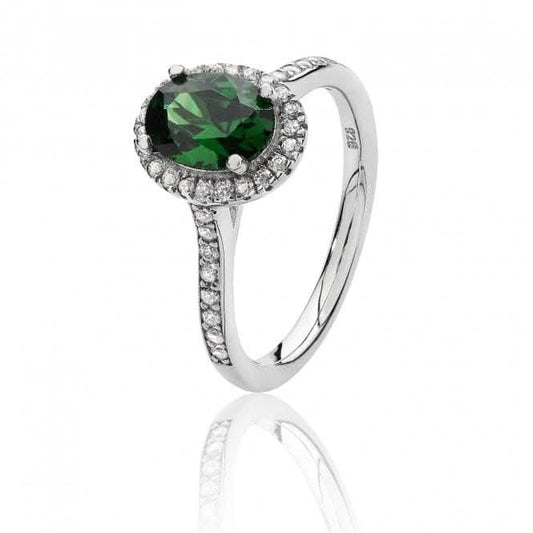 Silver & Co Oval Halo Style Green CZ Ring with Claw Setting