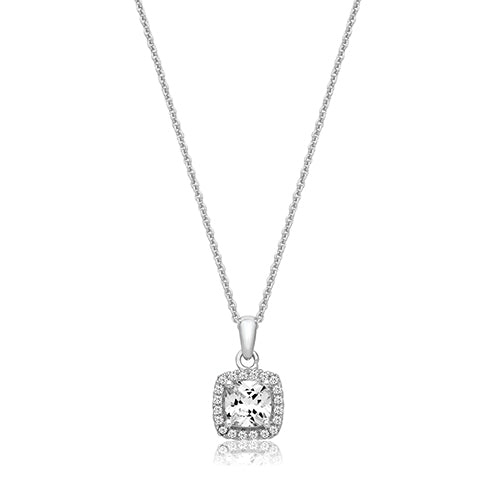SILVER CLAW SET CUSHION HALO STYLE CZ PENDANT+CHAIN RHODIUM PLATED