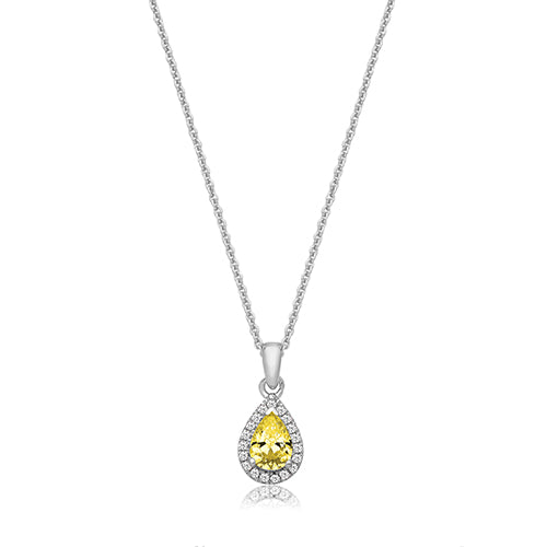 SILVER CLAW SET PEAR SHAPE HALO STYLE YCZ PENDANT+CHAIN RHODIUM PLATED