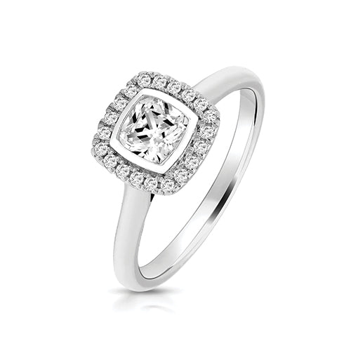 Sterling Silver Small Bezet Set Cushion Halo Style CZ Ring - Size L