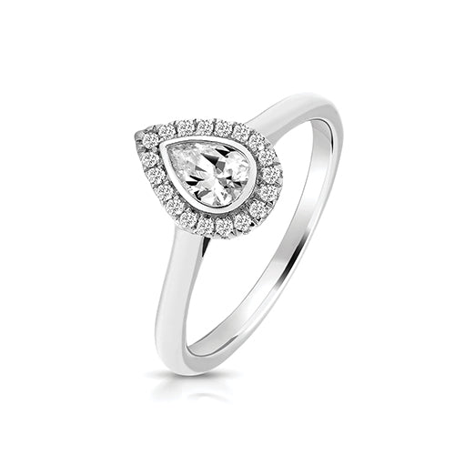 Silver Small Claw Set Pear Shape Halo Style CZ Ring - Size M