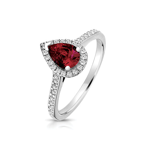 SILVER SML CLAW SET PEAR SHAPE HALO STYLE RED CZ RING RHODIUM PLATED