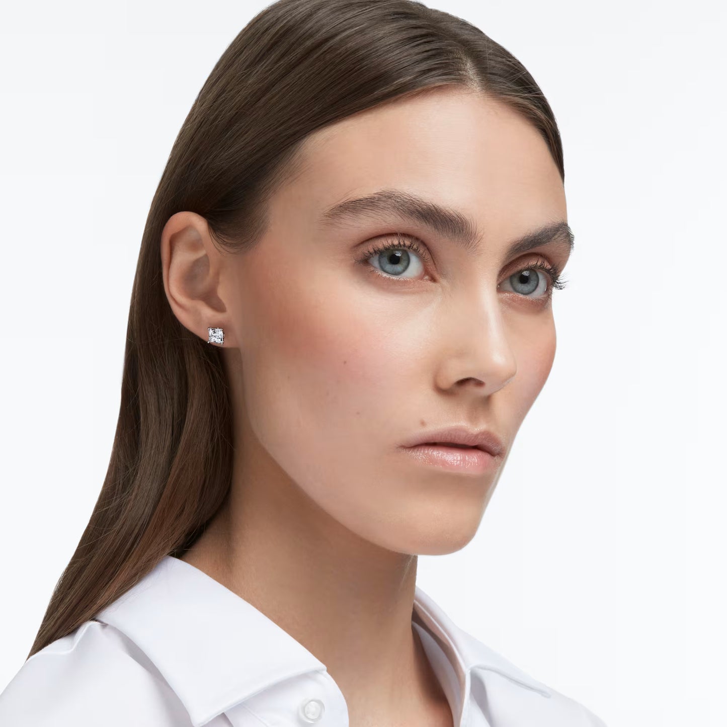 Stilla Attract stud earrings, Square cut, White, Rhodium plated