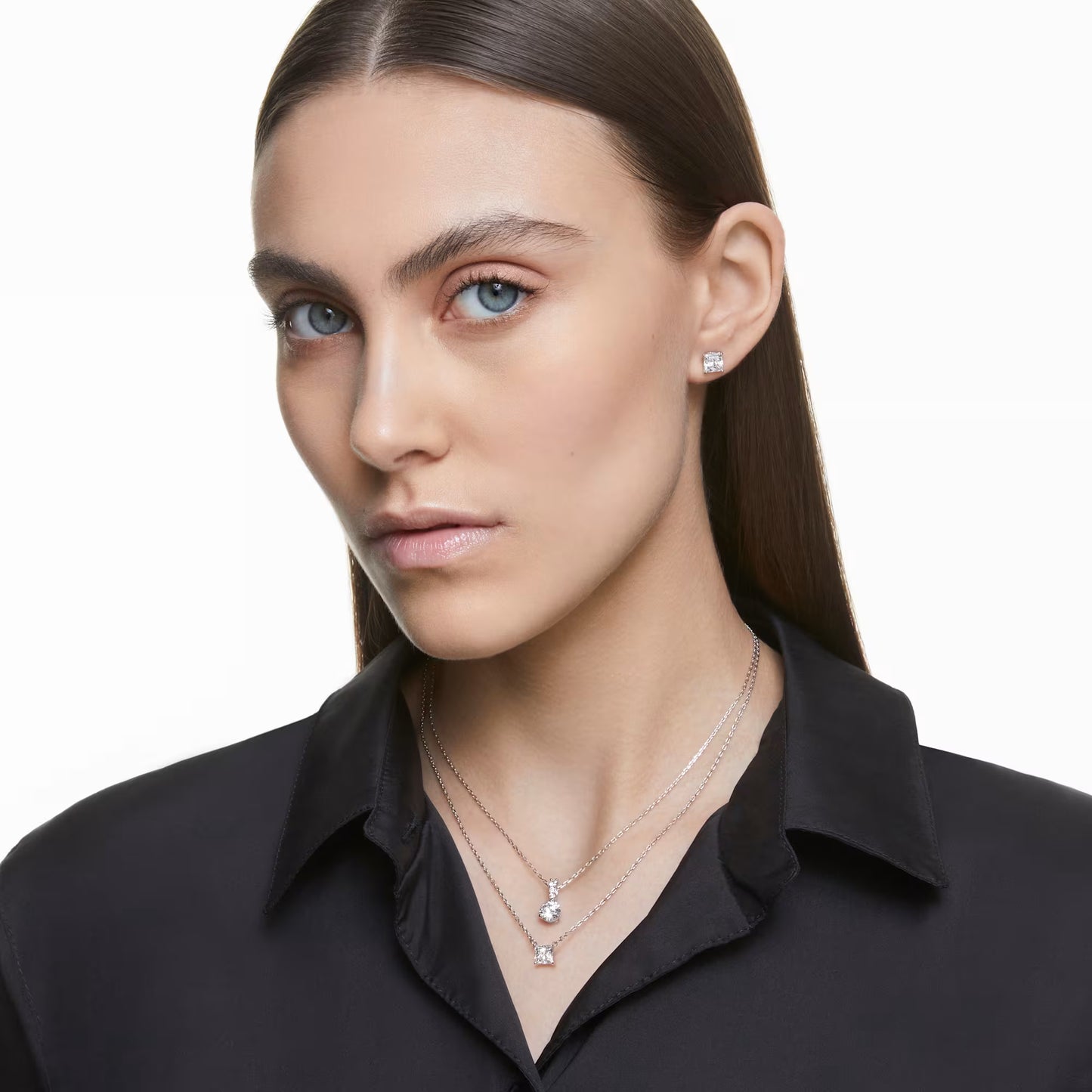 Stilla Attract stud earrings, Square cut, White, Rhodium plated