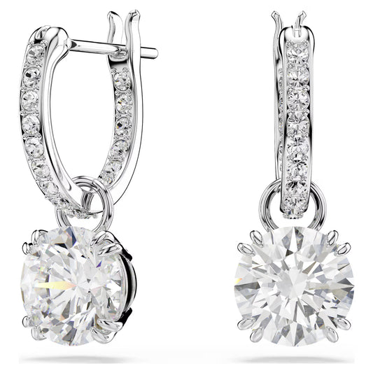 Constella drop earrings, Round cut, White, Rhodium