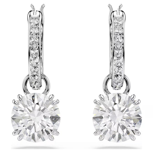 Constella drop earrings, Round cut, White, Rhodium