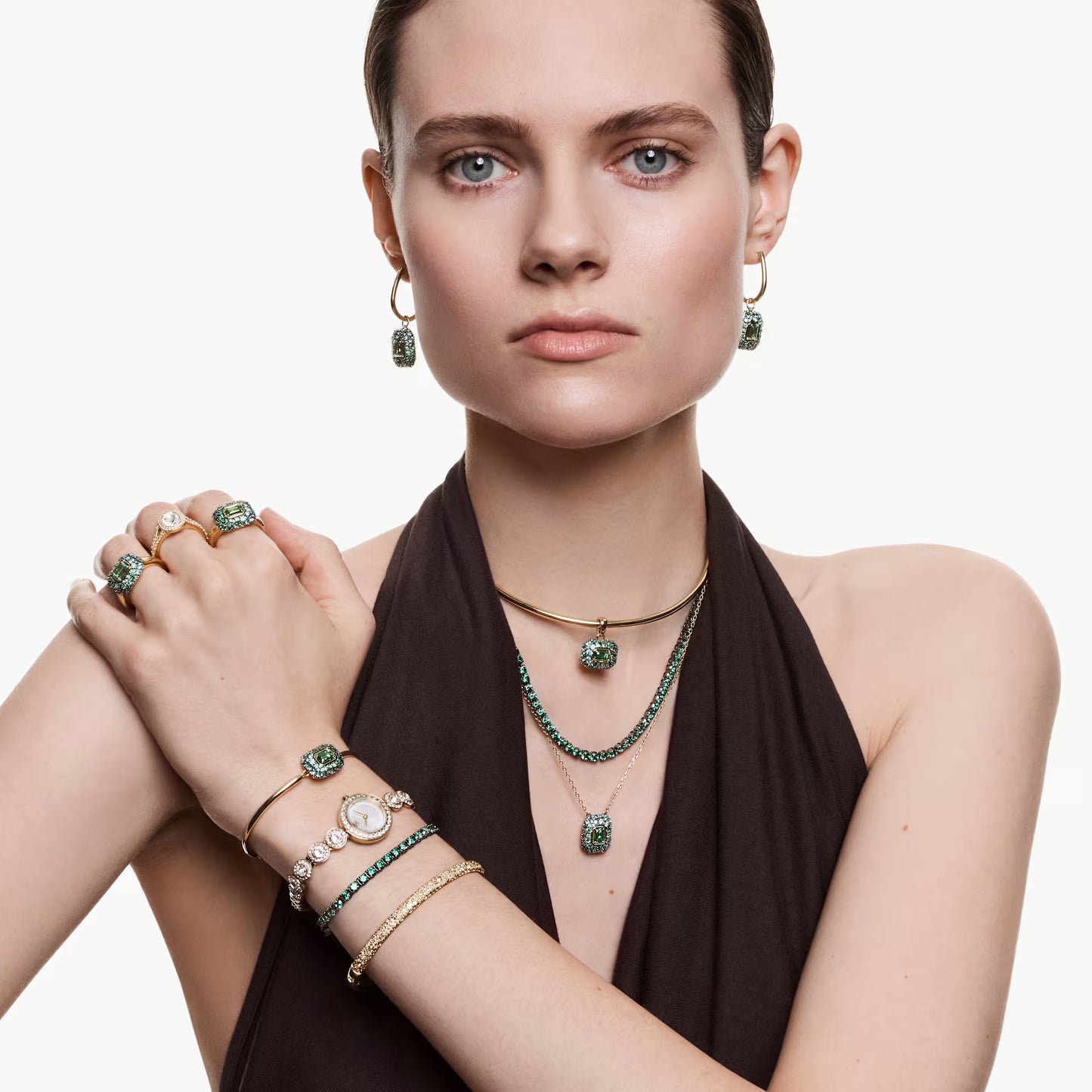 Sublima bangle, Octagon cut, Green, 18K gold finish