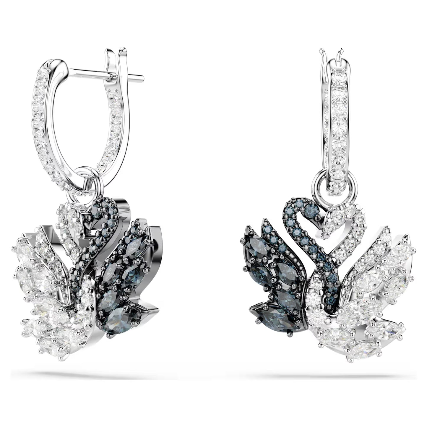 Swan drop earrings, Swan, Black, Rhodium plated