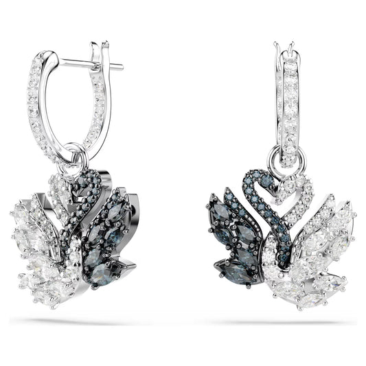 Swan drop earrings, Swan, Black, Rhodium plated