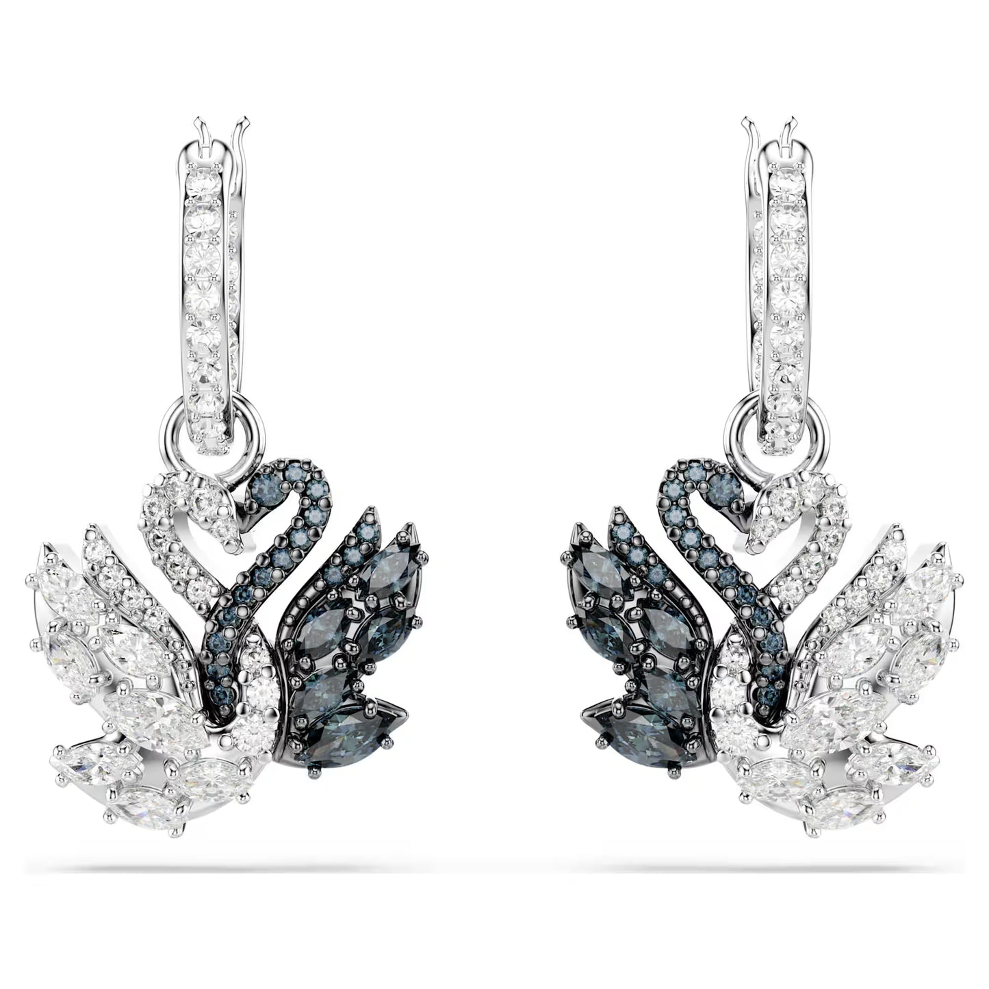 Swan drop earrings, Swan, Black, Rhodium plated