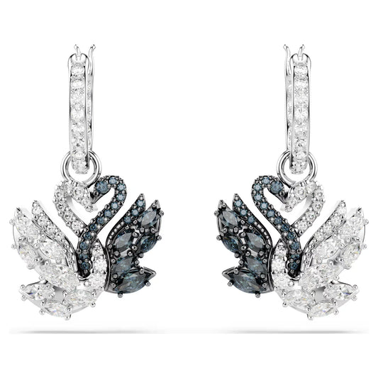 Swan drop earrings, Swan, Black, Rhodium plated