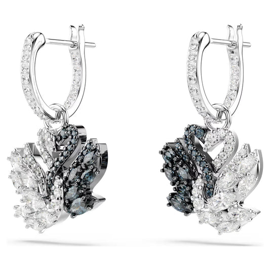 Swan drop earrings, Swan, Black, Rhodium plated