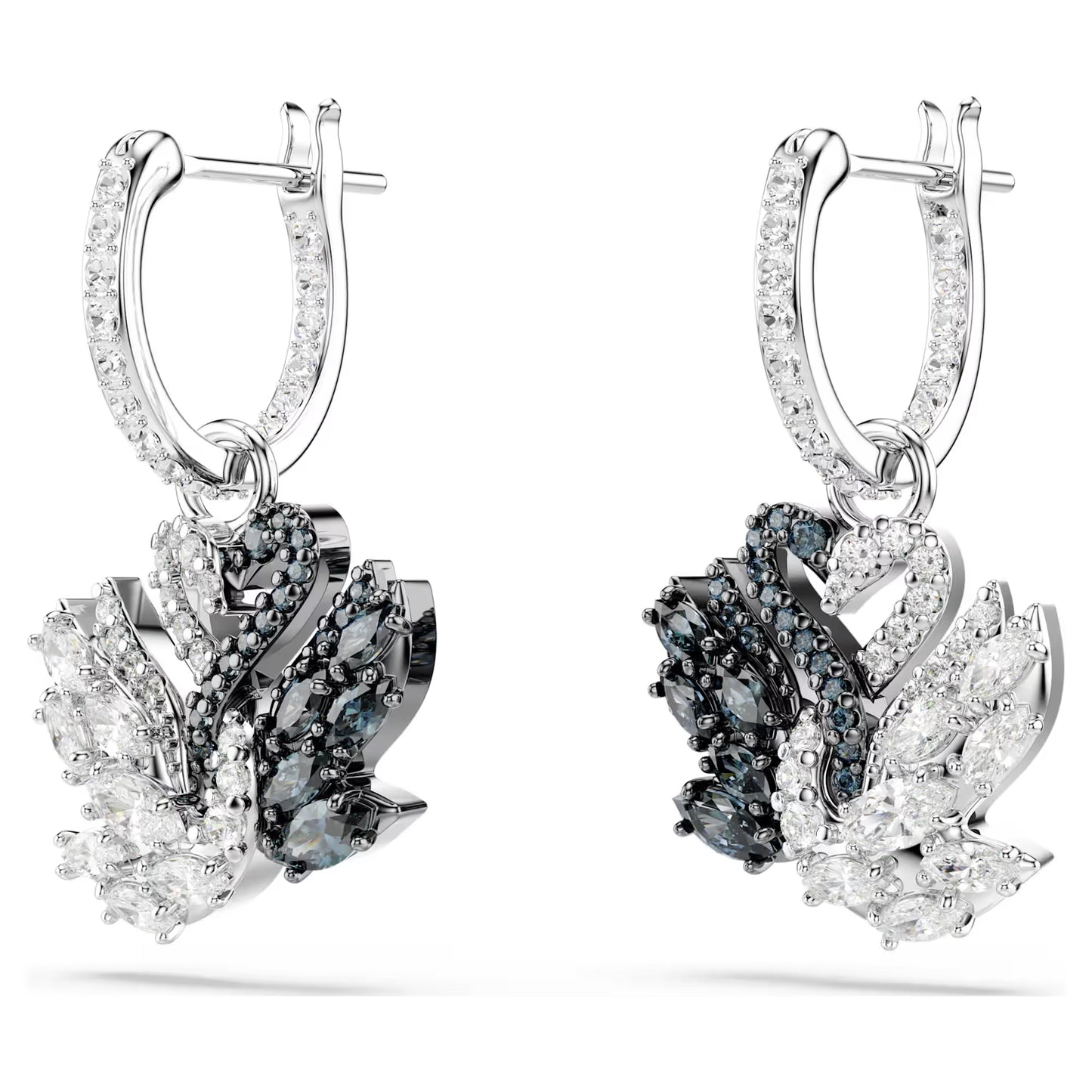 Swan drop earrings, Swan, Black, Rhodium plated