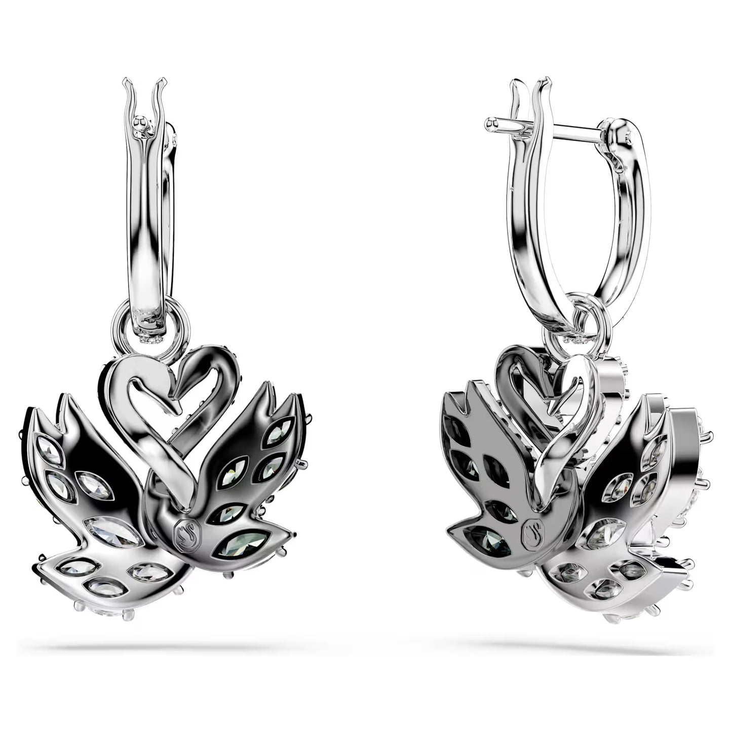 Swan drop earrings, Swan, Black, Rhodium plated