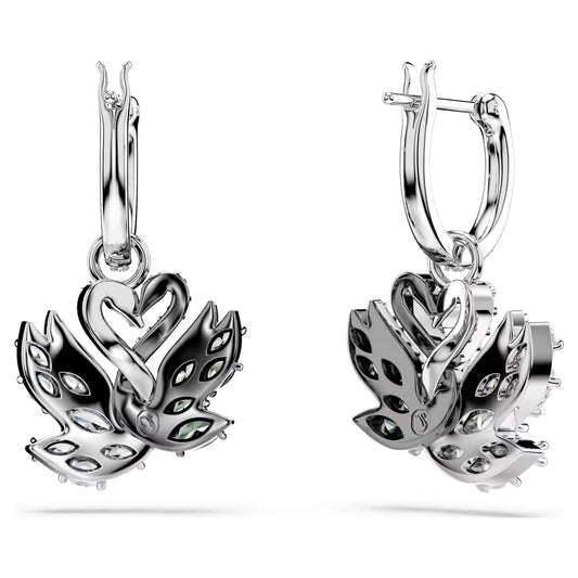 Swan drop earrings, Swan, Black, Rhodium plated