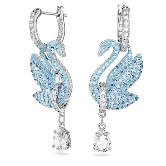 Swan drop earrings, Swan, Blue, Rhodium plated