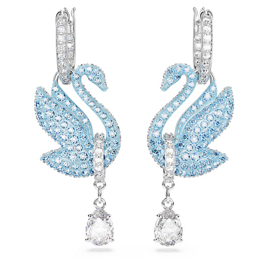Swan drop earrings, Swan, Blue, Rhodium plated