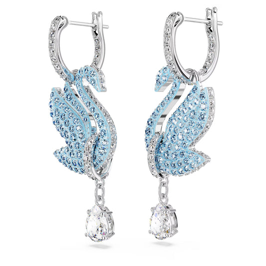 Swan drop earrings, Swan, Blue, Rhodium plated