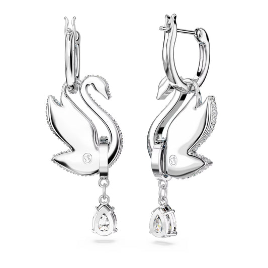 Swan drop earrings, Swan, Blue, Rhodium plated