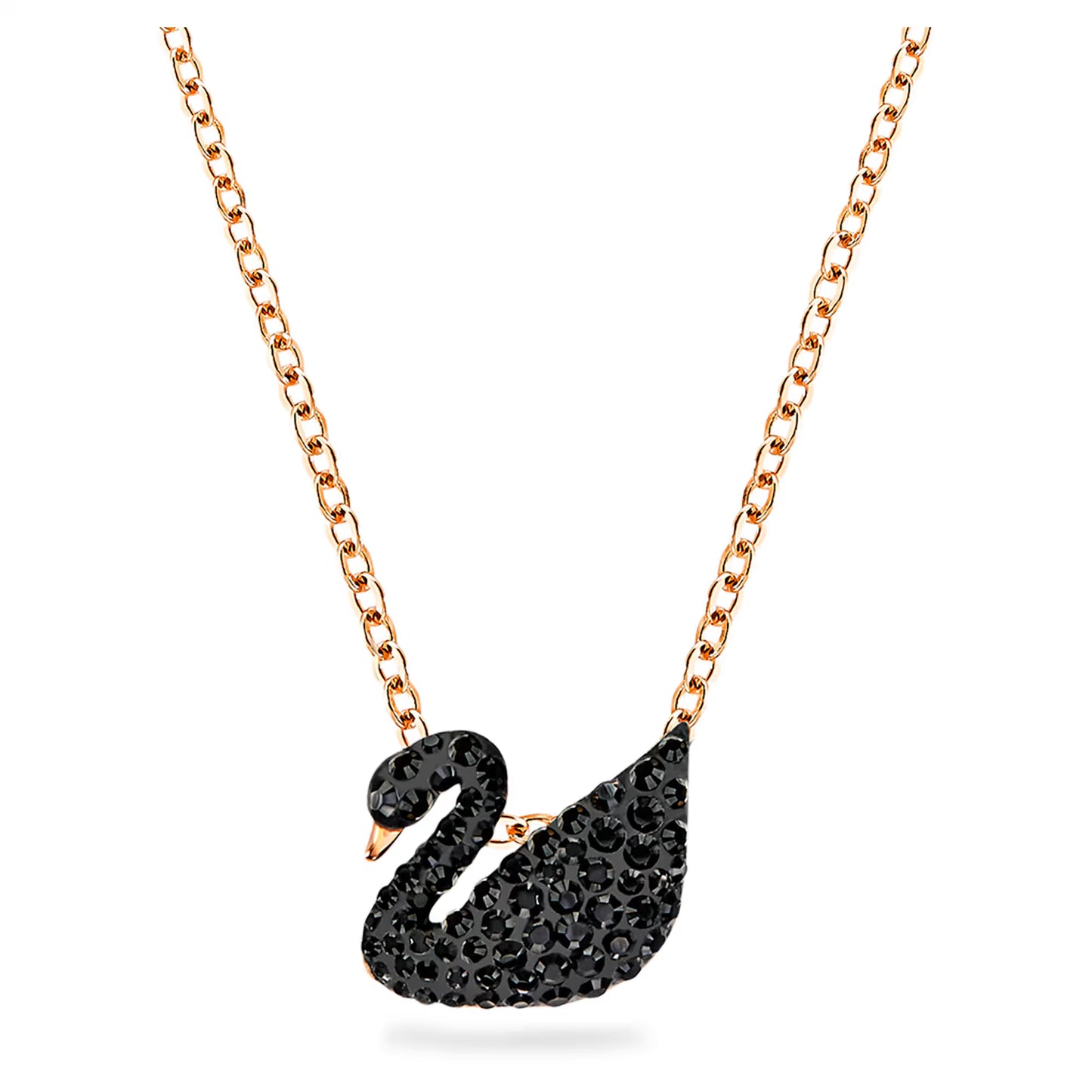 Swan pendant, Swan, Black, Rose gold-tone plated